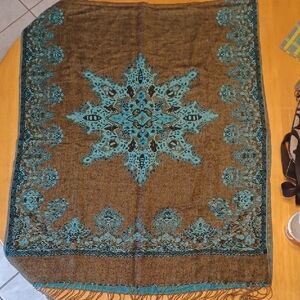 100% Pashmina Teal and Brown Patterned Wrap